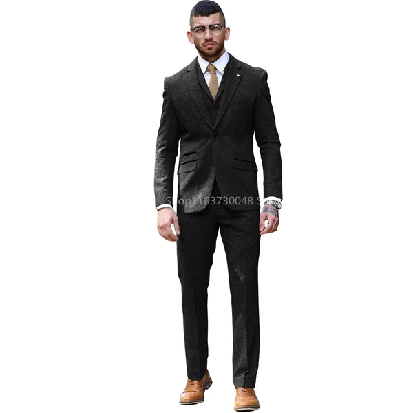 Men's brown tweed 3-piece suit in slim fit, crafted from a durable wool blend for weddings and formal occasions.