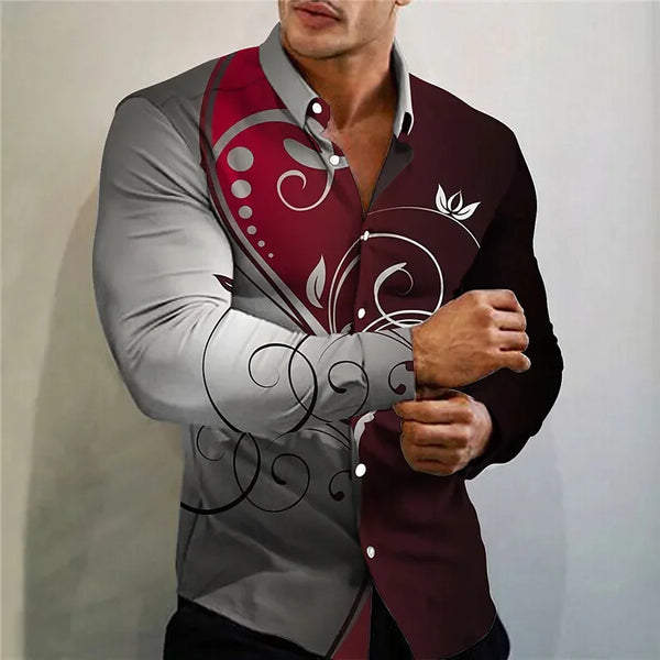 Stylish men's casual silk blend shirt in slim fit with turn-down collar and eye-catching 3D print for modern fashion.