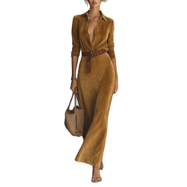 Model wearing the Autumn Whispers suede dress, highlighting its flattering slim fit and natural waistline.