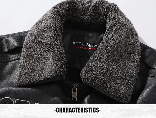 Men's Autumn/Winter Embroidered Leather Biker Jacket with detachable collar, fleece lining, and classic aviator design.