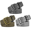 Unisex punk belt with square beads and triple grommets, durable PU material, perfect for edgy fashion and versatile styling.