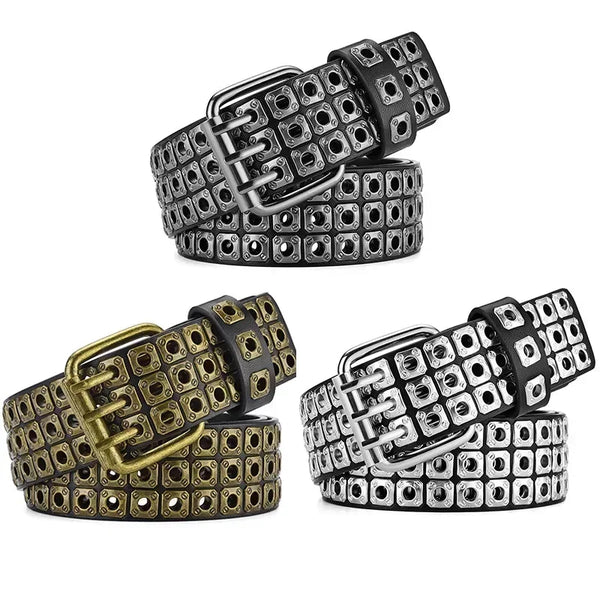Unisex punk belt with square beads and triple grommets, durable PU material, perfect for edgy fashion and versatile styling.
