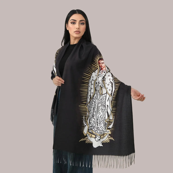 Faith fashion scarf with Virgin Mary design, crafted from soft polyester for a gentle embrace.