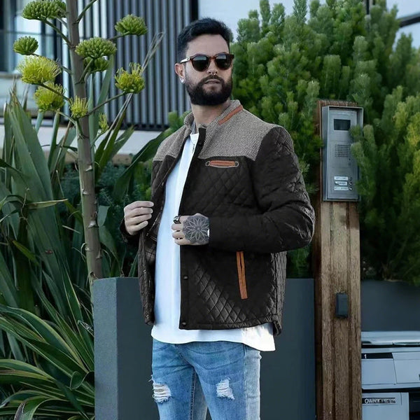 Model wearing the refined style Winter's Whisper jacket in an urban setting.