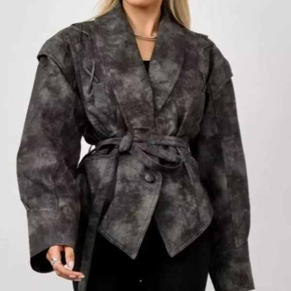 Chic belted leather bomber jacket for women, featuring lace-up detail, hood, and notched lapel, perfect for autumn and winter