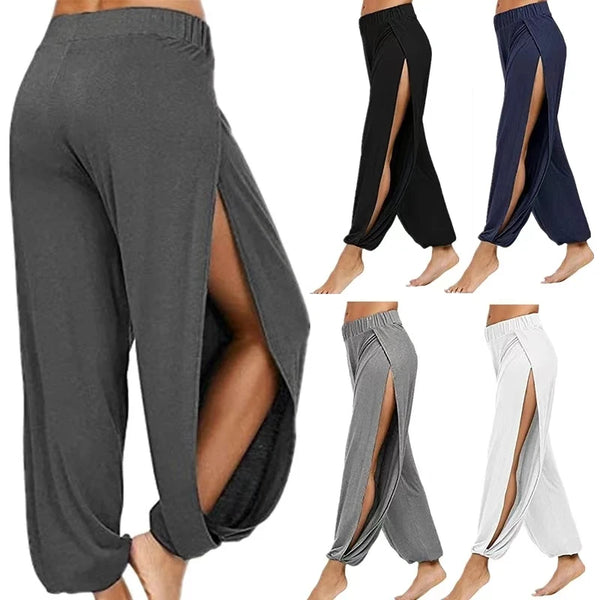 Chic high-waisted slit yoga pants for women, perfect for yoga, gym, or casual outings in breathable, stretchy fabric.