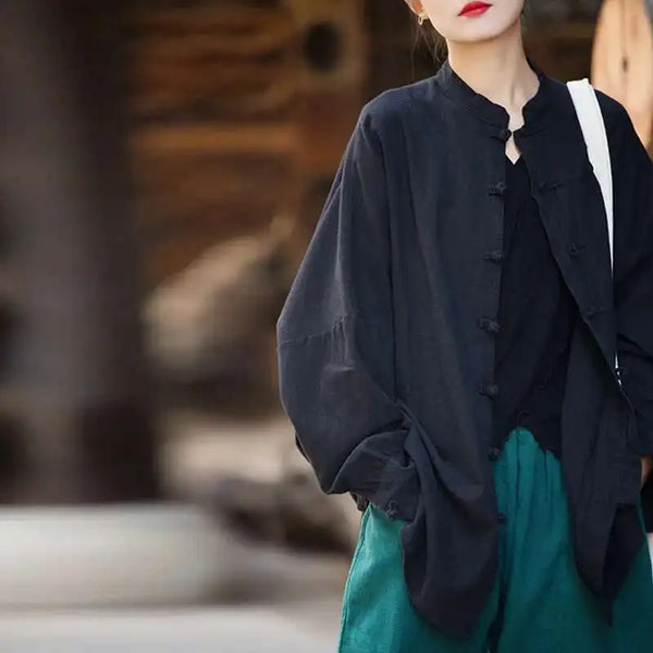 Effortless Ease Cotton Linen Stand Collar Coat