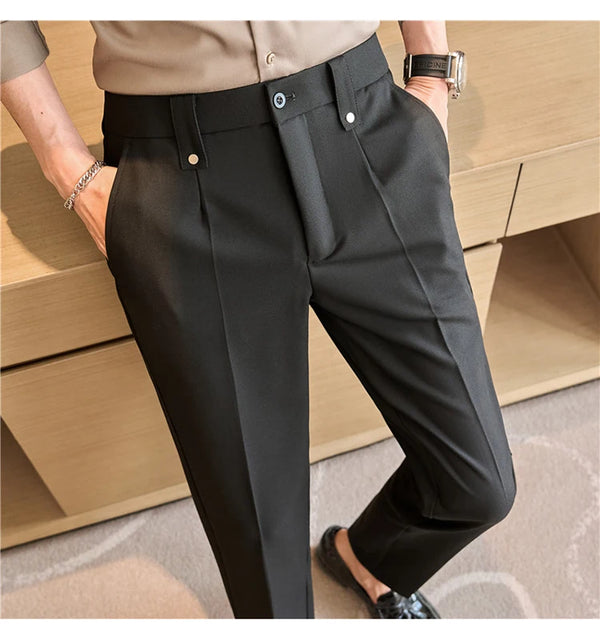 Men's slim fit dress pants in British style with elastic waist, perfect for casual or formal occasions, made from polyester b