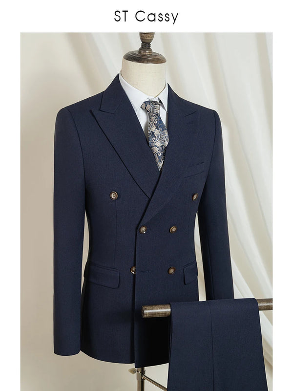 Midnight Poise suit in rich dark blue, double-breasted design for a sleek silhouette.