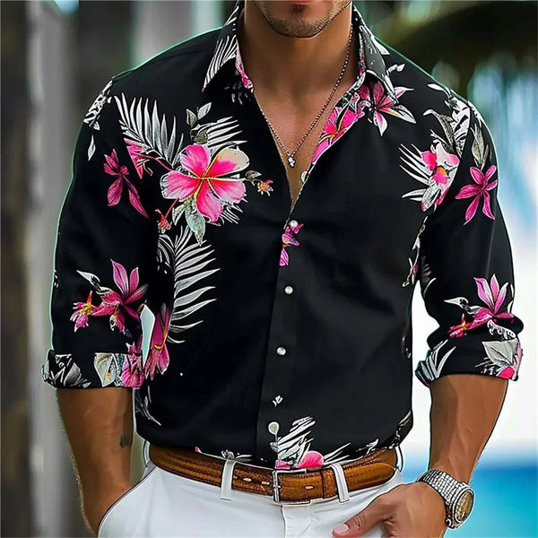 Stylish men's casual silk blend shirt in slim fit with turn-down collar and eye-catching 3D print for modern fashion.