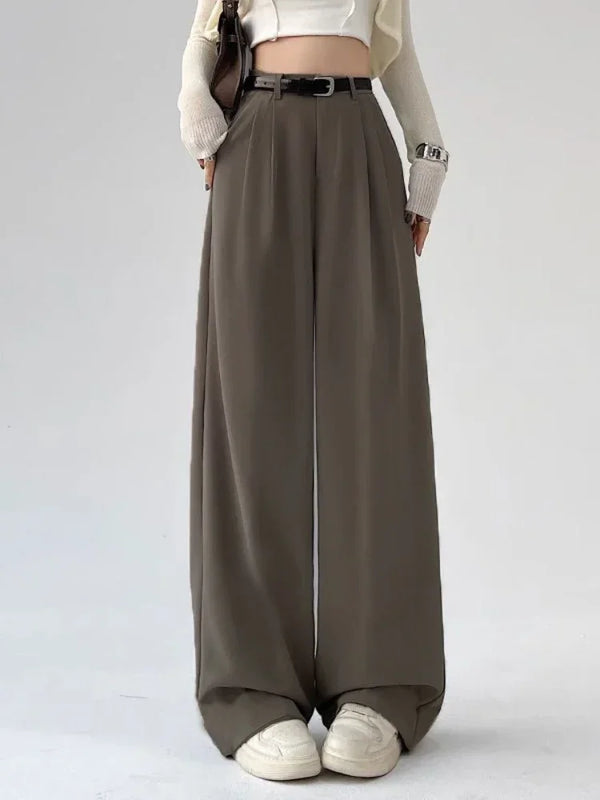 Chic high waist wide leg trousers with belt, perfect for office or casual wear, made from breathable polyester blend.
