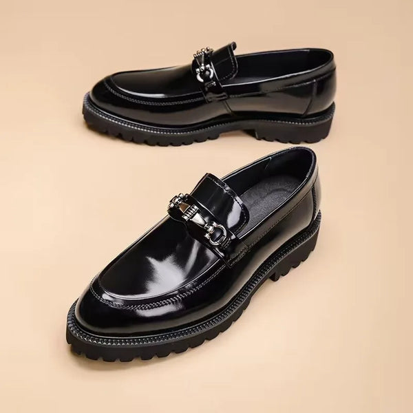 Black Oxfords styled with a tie, perfect for business attire.