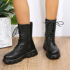 Chic white ankle boots with chunky heel, lace-up closure, and durable PU leather for stylish fall/winter wear.