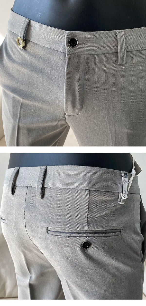 Slim fit business dress pants for men in black, khaki, and navy blue, perfect for autumn office wear and smart casual events.