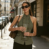 Sunset Soirée silk-texture halter top in warm evening tones with elegant draping