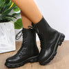 Chic white ankle boots with chunky heel, lace-up closure, and durable PU leather for stylish fall/winter outfits.
