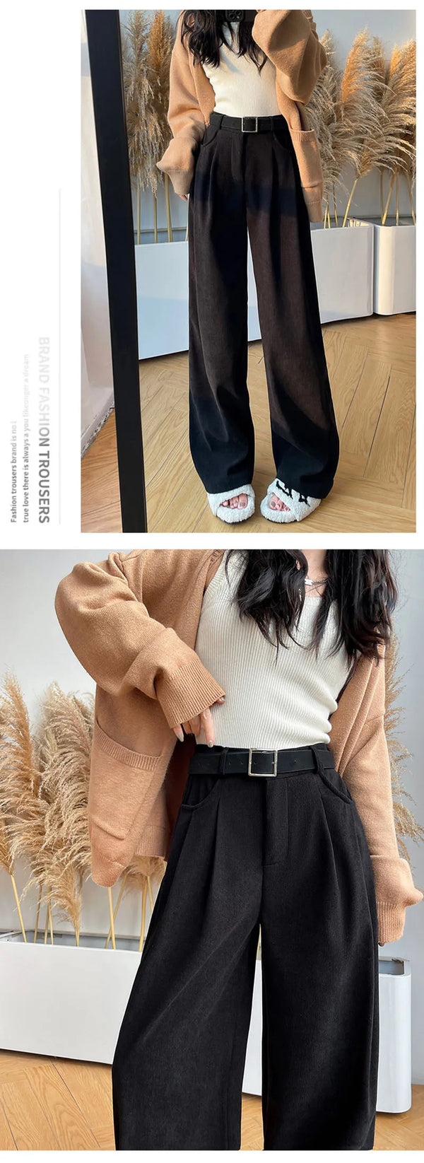 Chic high-waist corduroy wide-leg pants for women, perfect for autumn fashion and casual office wear.