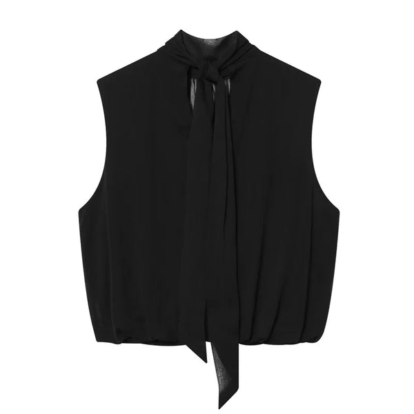 Regular fit black pleated top with charming ribbon embellishment