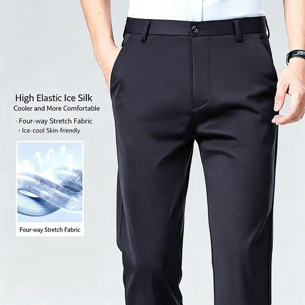 Charcoal business pants with flat front and zipper fly in professional office setting