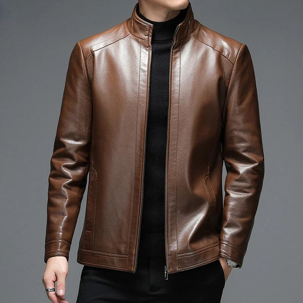 Classic goatskin leather jacket for men, lightweight, stylish, with stand collar and zipper, perfect for autumn and spring.