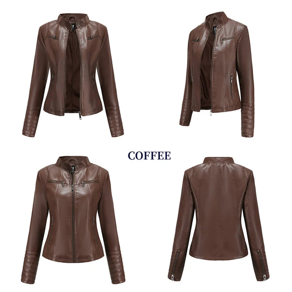 Chic women's slim leather biker jacket with zip detail, stand-up collar, and tailored fit for stylish urban looks.