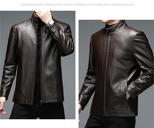 Classic goatskin leather jacket for men, lightweight, stylish, with stand collar and zipper, perfect for casual and business