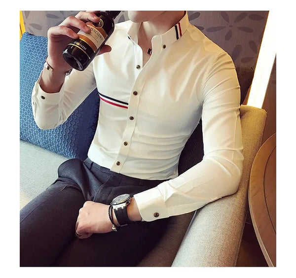 Elegant men's slim-fit dress shirt in solid color, perfect for spring, featuring a turn-down collar and long sleeves.
