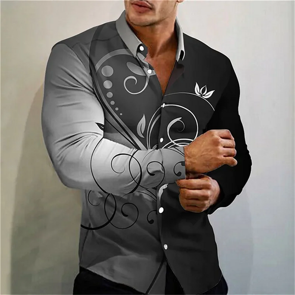 Stylish men's casual silk blend shirt in slim fit with turn-down collar and eye-catching 3D print for modern fashion.