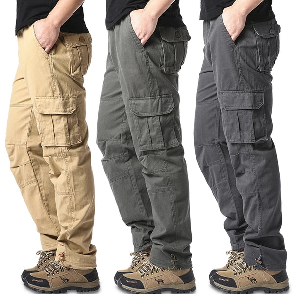 Cotton tactical cargo pants with elastic waist and multiple pockets in neutral color