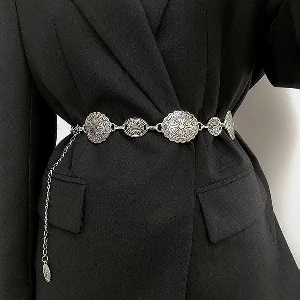 Chic women's decorative metal waist chain belt, stylish retro design, perfect for dresses and jeans, adjustable for a perfect
