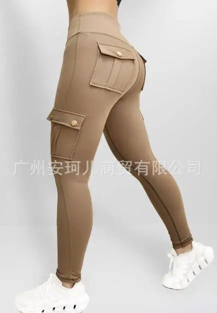 High-elasticity women's fitness and yoga pants with pockets, perfect for workouts, running, and stylish activewear.