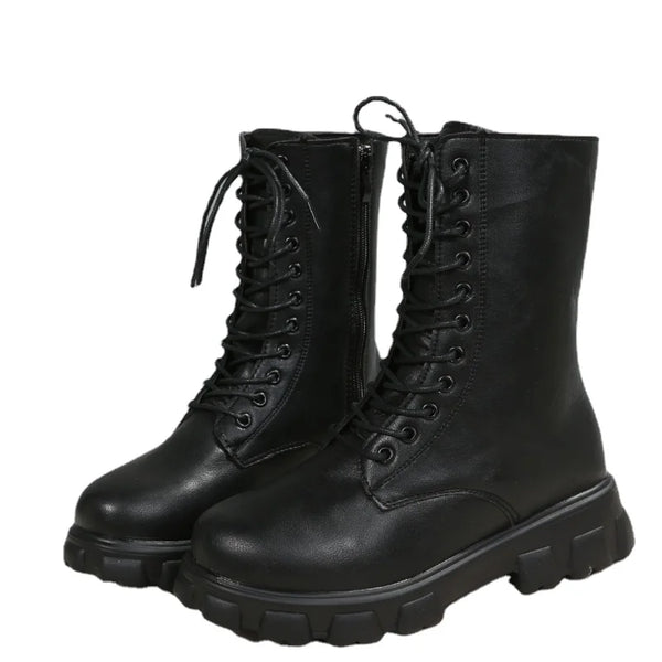 Chic white ankle boots with chunky heel, lace-up closure, and durable PU leather for stylish fall/winter outfits.
