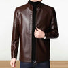 Men's faux leather jacket with zip-up front, stylish stand collar, perfect for autumn and winter casual or professional wear.