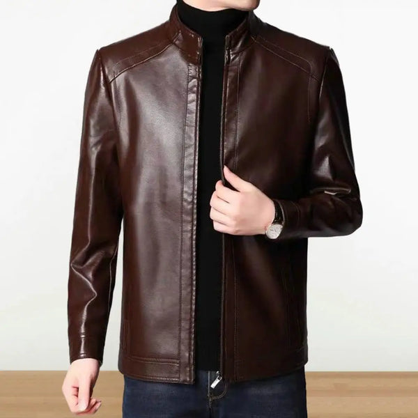 Men's faux leather jacket with zip-up front, stylish stand collar, perfect for autumn and winter casual or professional wear.