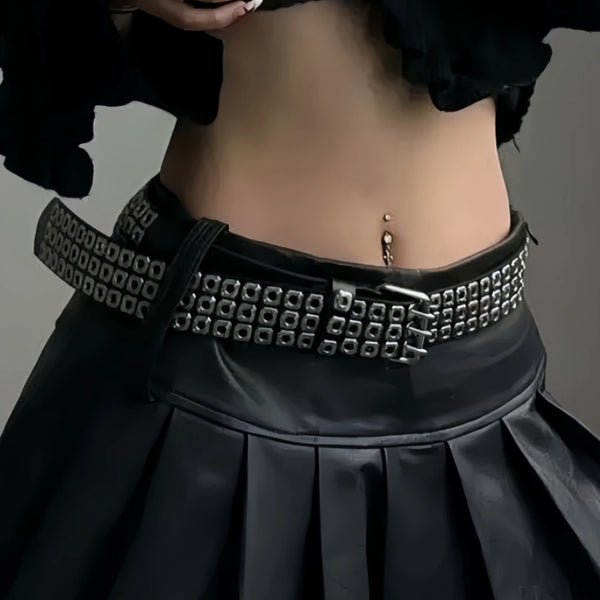 Unisex punk belt with square beads and triple grommets, adjustable and durable for edgy fashion styling.