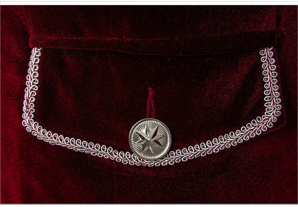 Elegant Men's Medieval-Style Trench Coat in black, blue, and burgundy, featuring a single-breasted design and stand collar.