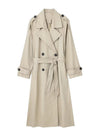 Classic turn-down collar detail on elegant double-breasted trench coat