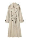 Sophisticated trench coat with adjustable belt cinched at waist for feminine silhouette
