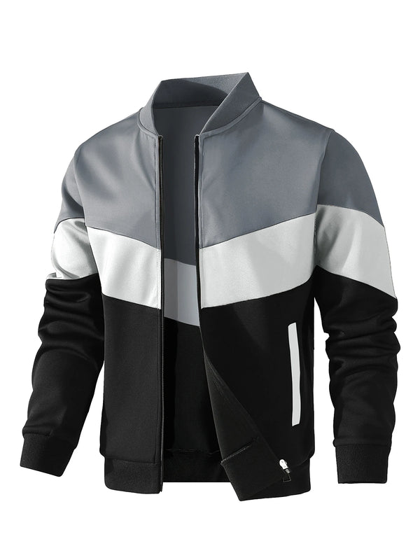 Men's trendy color block bomber jacket in US sizes, perfect for all-season wear and stylish casual outfits.