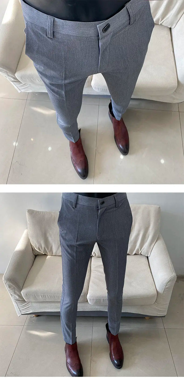 Slim fit business dress pants for men in black, khaki, and navy blue, perfect for autumn office wear and events.