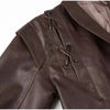 Chic belted leather bomber jacket for women, featuring lace-up detail, hood, and notched lapel, perfect for autumn and winter