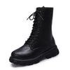 Chic white ankle boots with chunky heel, lace-up closure, and durable PU leather for stylish fall/winter outfits.