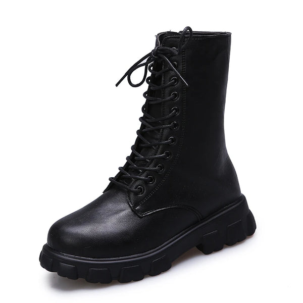 Chic white ankle boots with chunky heel, lace-up closure, and durable PU leather for stylish fall/winter outfits.