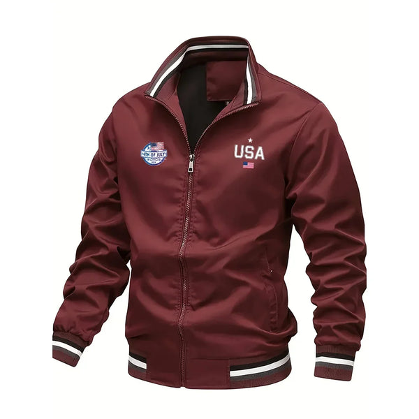 Men's Casual Varsity Bomber Jacket with USA print, stylish and comfortable for spring and autumn wear, featuring ribbed cuffs