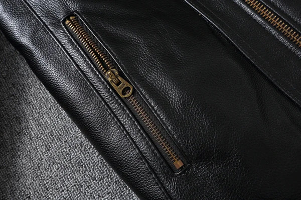 Premium men's leather biker jacket in rich brown with stand collar, crafted from durable first-layer calfskin leather.