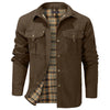 Men's Western Flannel-Lined Casual Jacket with metal buttons, multiple pockets, and cozy flannel interior for cool weather.