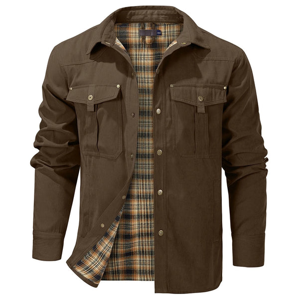 Men's Western Flannel-Lined Casual Jacket with metal buttons, multiple pockets, and cozy flannel interior for cool weather.