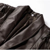 Chic belted leather bomber jacket for women, featuring lace-up detail, hood, and notched lapel, perfect for autumn and winter