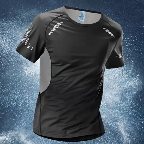Breathable quick-dry men's sports tee in lightweight fabric, perfect for summer fitness and casual wear. O-neck, short sleeve