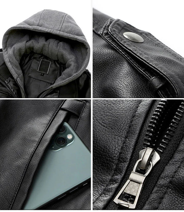 Men's PU leather hooded jacket for autumn and winter, stylish, warm, and perfect for casual outings and outdoor adventures.
